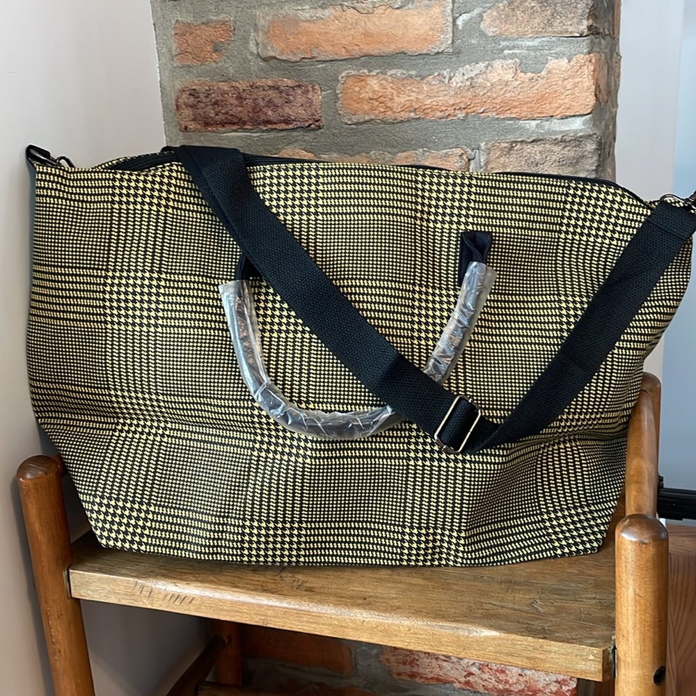 Lulu Dharma Frasier Weekender Travel Bag Yellow Black Plaid Crossbody Strap